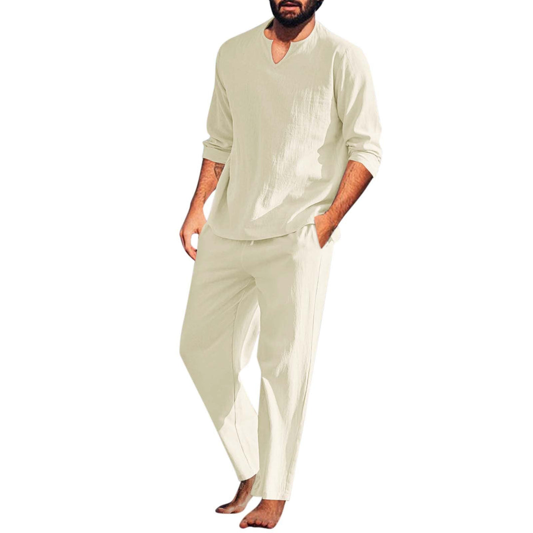 <p>Elegante 2 pezzi in lino per uomo - camicia alla moda con pantaloni abbinati</p>
