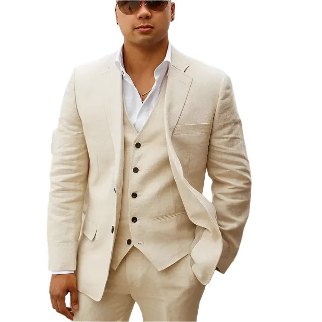 Stijlvolle 3-delige linnen set voor heren: zakelijke blazer, chic vest en comfortabele broek