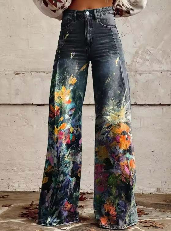 Eleganti pantaloni da donna in tessuto boho vintage con originale motivo astratto