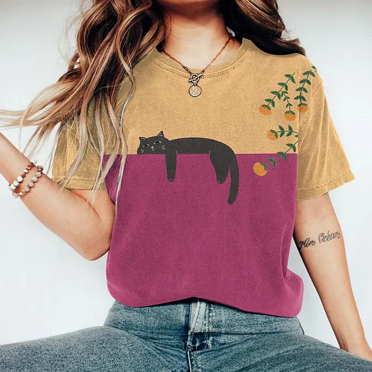 Elegante T-shirt casual da donna con adorabile stampa di gatti e comodo scollo rotondo