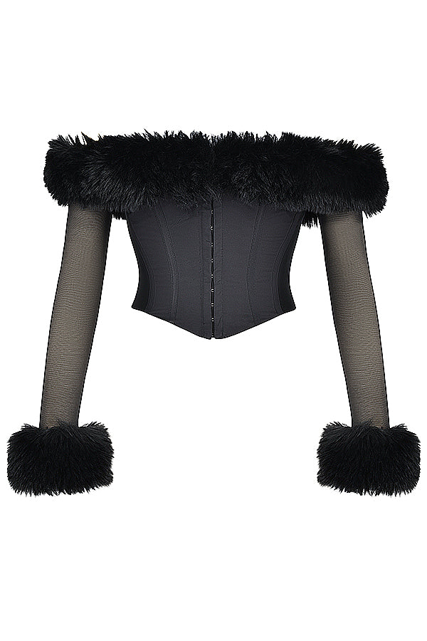Elegante corsetto da donna nero con lussuosa pelliccia sintetica - eleganza e comfort eccezionali