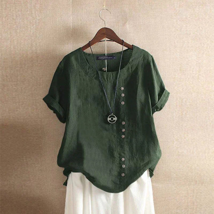 Gerlina - Elegante Korte Mouw Linnen Blouse met Stijlvolle Knoopsluiting