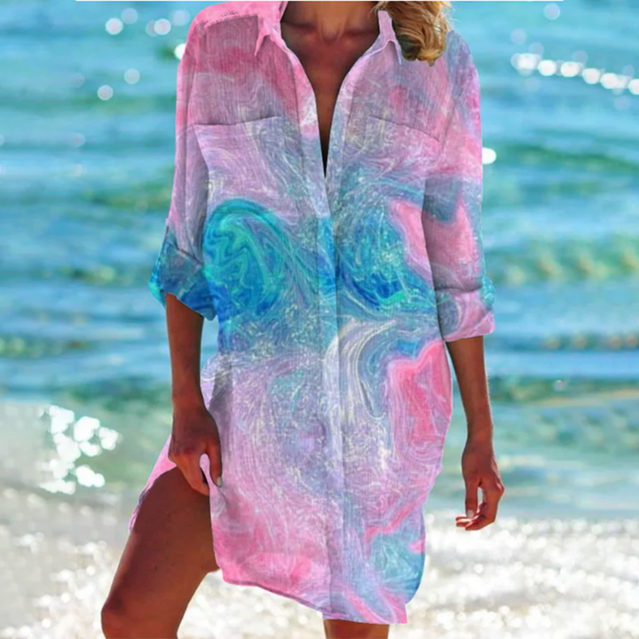 Camicia da spiaggia estiva da donna, elegante e colorata, con mini motivo
