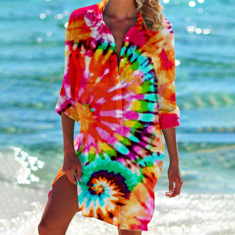 Camicia da spiaggia estiva da donna, elegante e colorata, con mini motivo