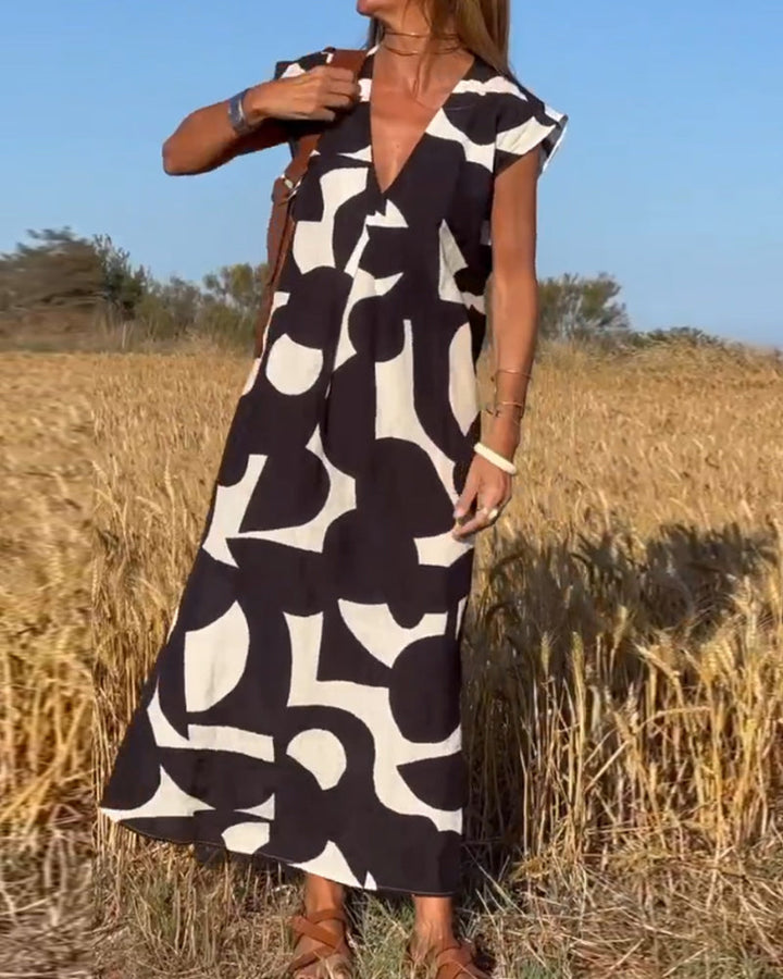 Mirabella™ - Abito Stampa  con Scollo a V: Stile e Eleganza Unici!