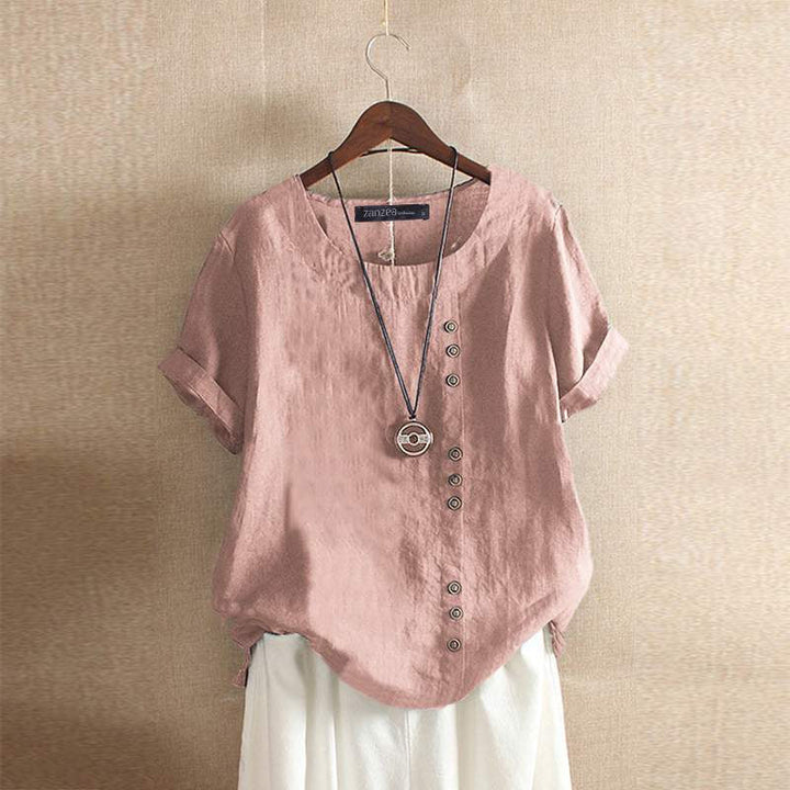 Gerlina - Elegante Korte Mouw Linnen Blouse met Stijlvolle Knoopsluiting