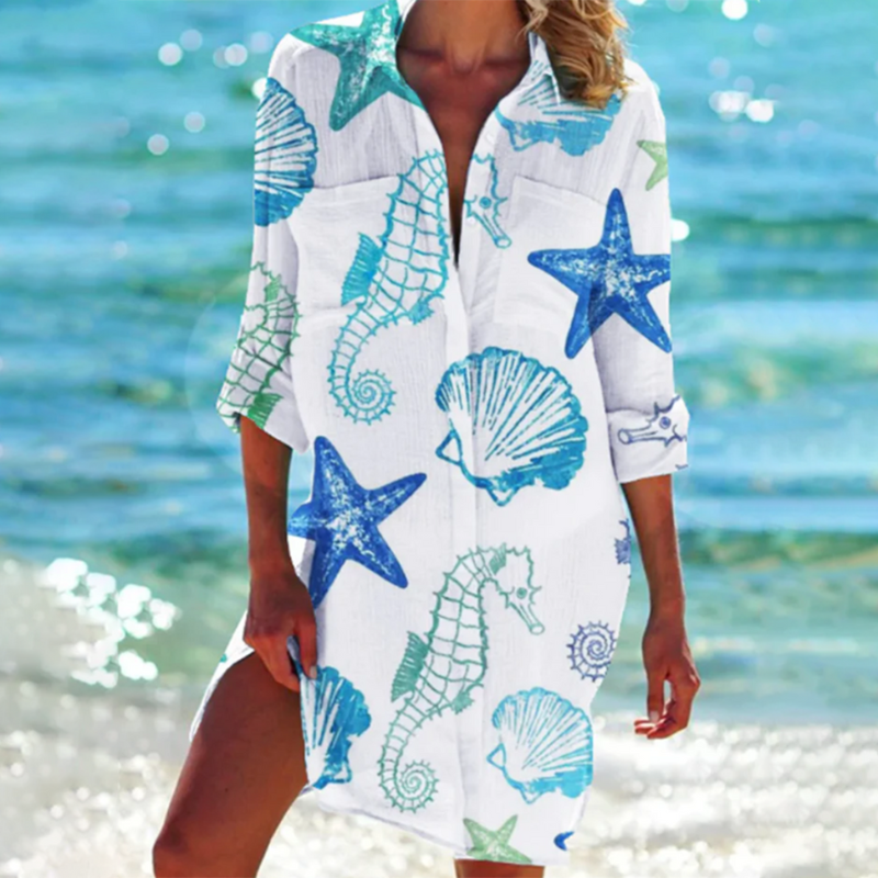 Camicia da spiaggia estiva da donna, elegante e colorata, con mini motivo
