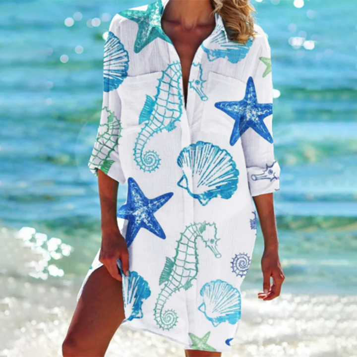 Camicia da spiaggia estiva da donna, elegante e colorata, con mini motivo