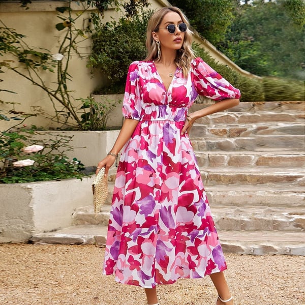 Abito elegante da donna con scollatura a punta e stampa alla moda - design di alta qualità