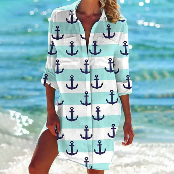 Camicia da spiaggia estiva da donna, elegante e colorata, con mini motivo