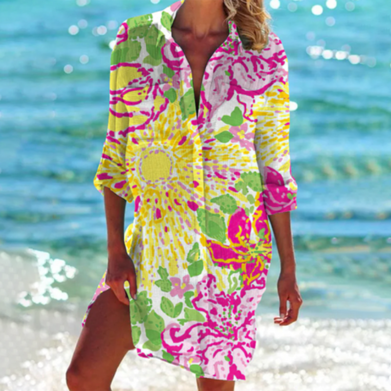 Camicia da spiaggia estiva da donna, elegante e colorata, con mini motivo