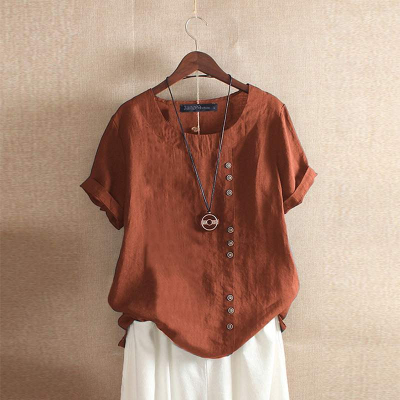 Gerlina - Elegante Korte Mouw Linnen Blouse met Stijlvolle Knoopsluiting
