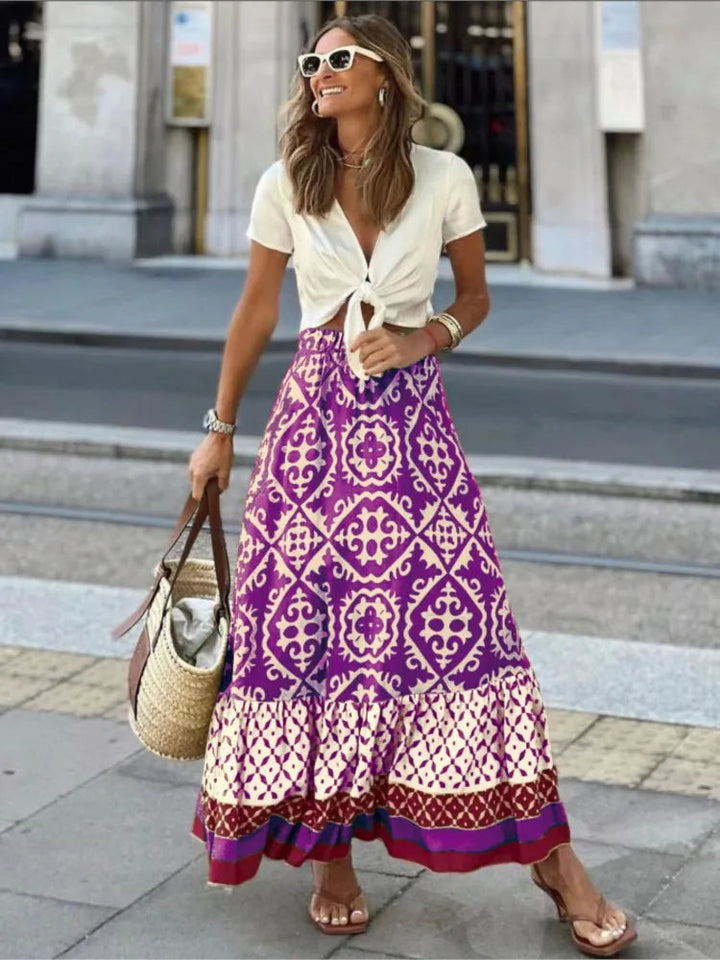 Gonna midi da donna con stampa retrò di Liora - una scelta elegante e alla moda per un look unico