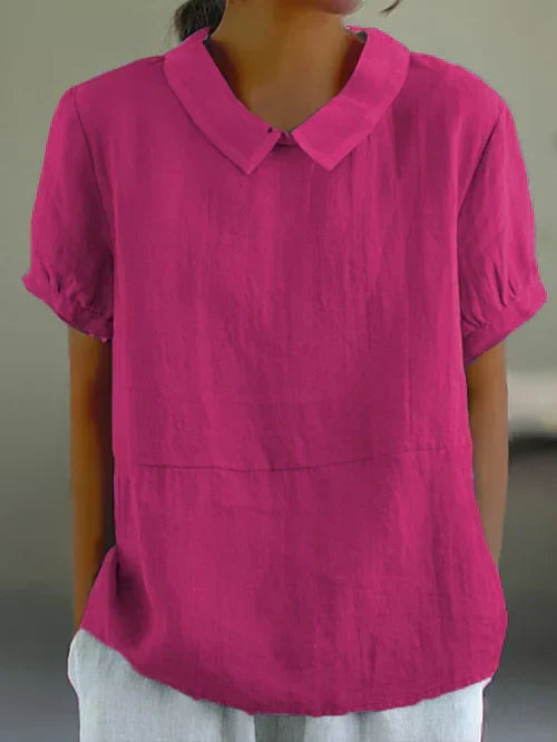 Elegante blusa da donna in lino con maniche a buccia d'arancia e colletto classico