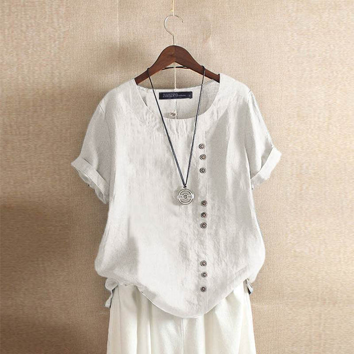 Gerlina - Elegante Korte Mouw Linnen Blouse met Stijlvolle Knoopsluiting