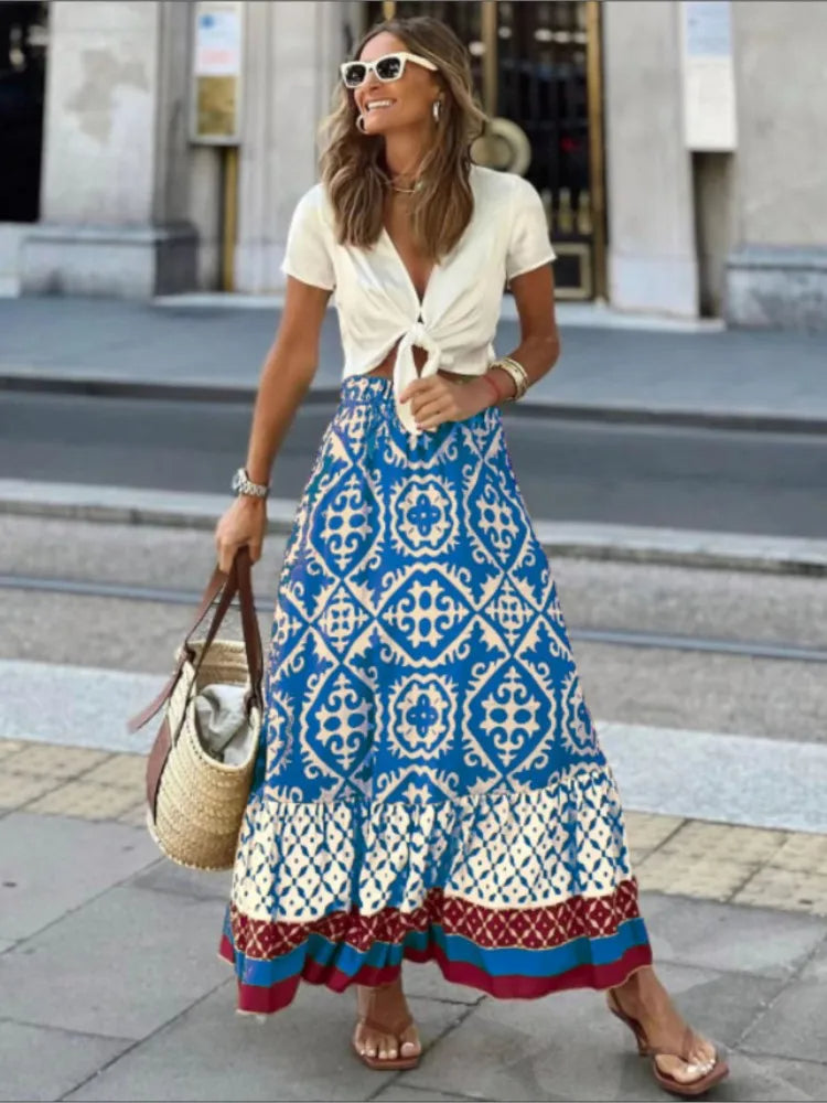 Gonna midi da donna con stampa retrò di Liora - una scelta elegante e alla moda per un look unico