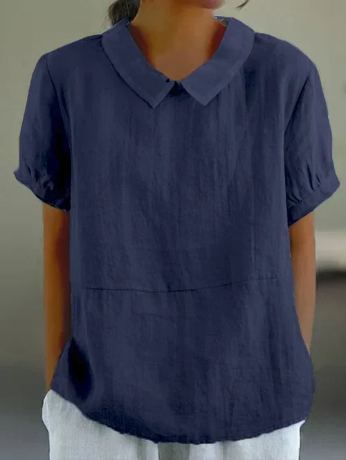 Elegante blusa da donna in lino con maniche a buccia d'arancia e colletto classico