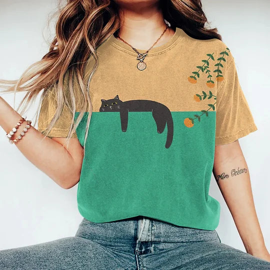 Elegante T-shirt casual da donna con adorabile stampa di gatti e comodo scollo rotondo