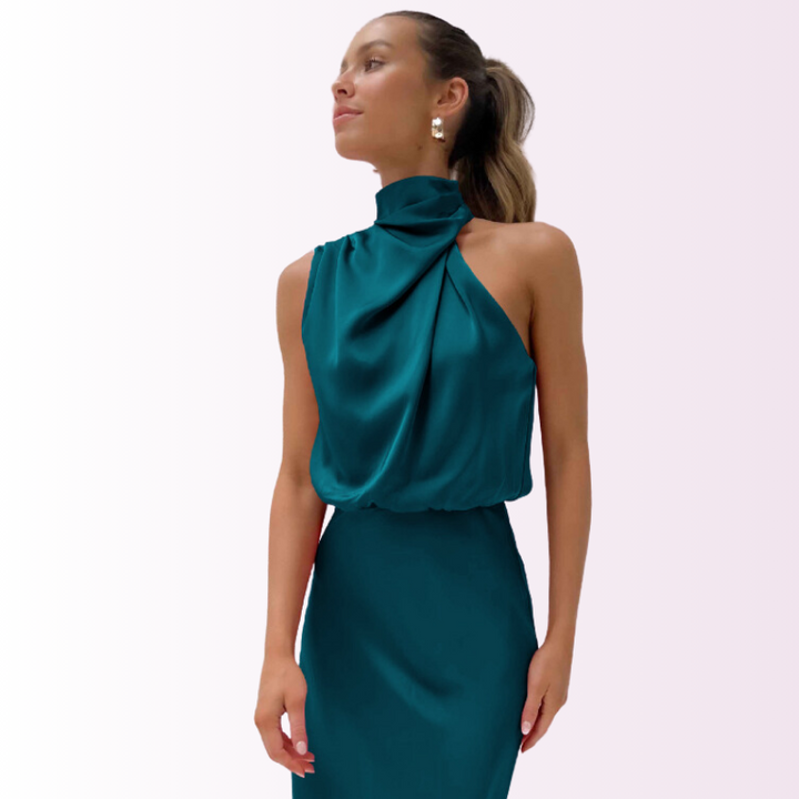 <p>Fiona | Abito da sera di lusso con un elegante colletto alto</p>