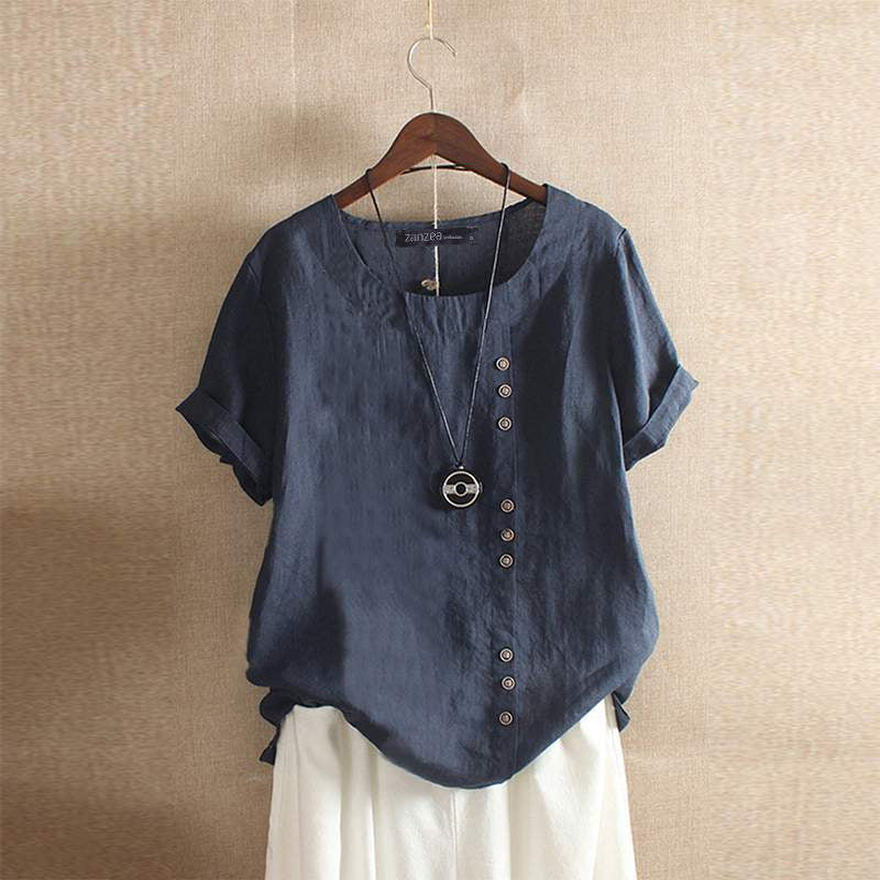 Gerlina - Elegante Korte Mouw Linnen Blouse met Stijlvolle Knoopsluiting
