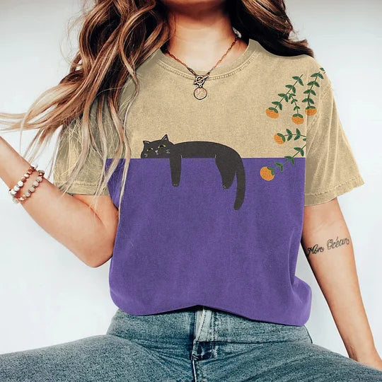 Elegante T-shirt casual da donna con adorabile stampa di gatti e comodo scollo rotondo