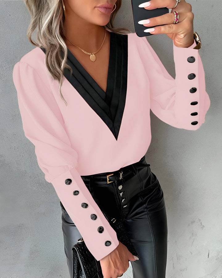 Caris - Blusa V-scollo trendy con accenti color block eleganti