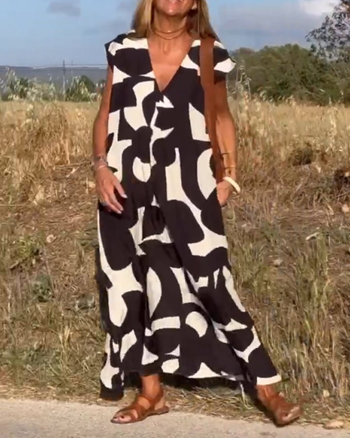 Mirabella™ - Abito Stampa  con Scollo a V: Stile e Eleganza Unici!