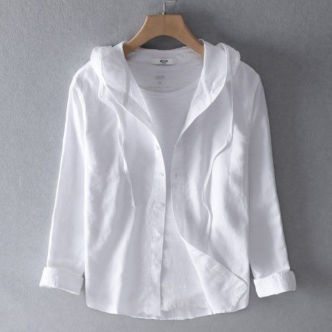 Confortevole camicia da uomo a maniche lunghe in lino con elegante cappuccio