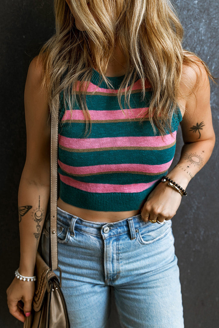 Eline - Stylish Roze Gestreept Mouwloos Gebreid Topje voor een Trendy Look