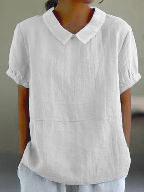 Elegante blusa da donna in lino con maniche a buccia d'arancia e colletto classico