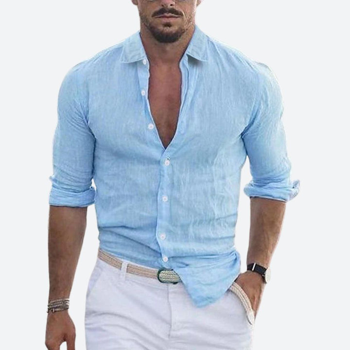 <div>Camicia in Lino Elegante con Collo Rivoltato - Traspirante e Perfetta per Look Estivi</div>
