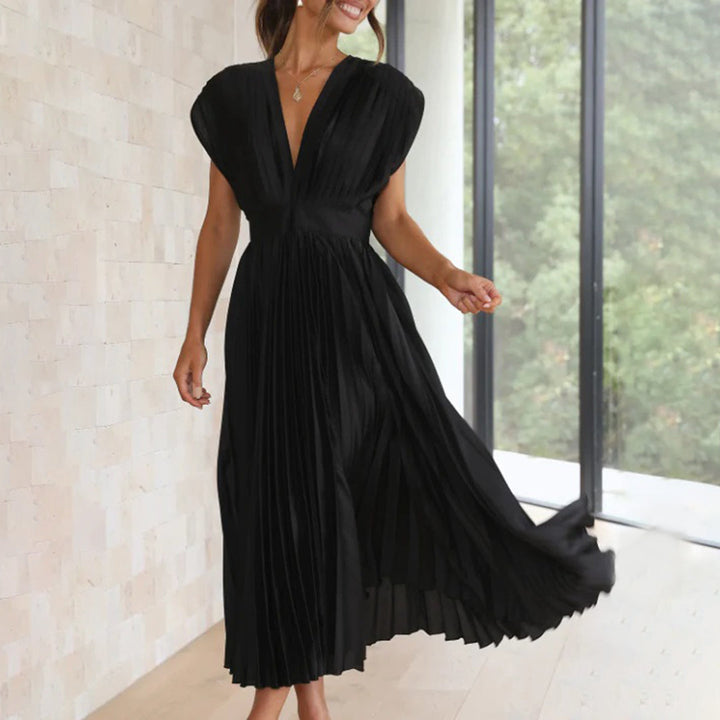 Xava | Abito Plissettato Elegante per le Serate - Scollatura a V, Plissettato, Schiena Scoperta in Champagne, Nero, Oro Rosa e Argento