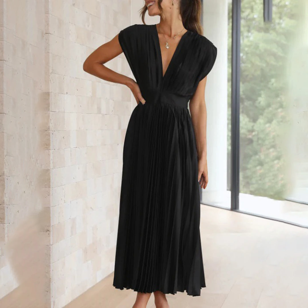 Xava | Abito Plissettato Elegante per le Serate - Scollatura a V, Plissettato, Schiena Scoperta in Champagne, Nero, Oro Rosa e Argento