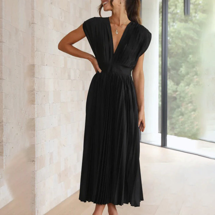 Xava | Abito Plissettato Elegante per le Serate - Scollatura a V, Plissettato, Schiena Scoperta in Champagne, Nero, Oro Rosa e Argento