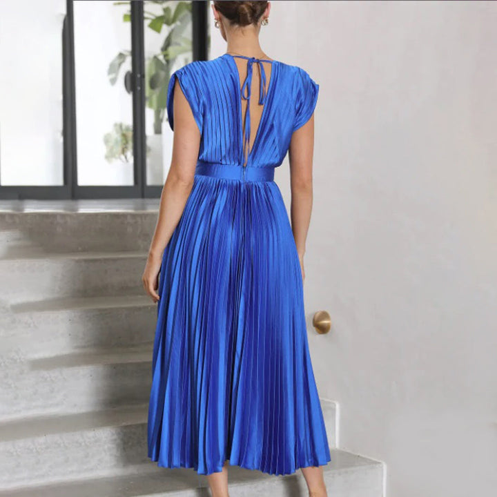 Xava | Abito Plissettato Elegante per le Serate - Scollatura a V, Plissettato, Schiena Scoperta in Champagne, Nero, Oro Rosa e Argento