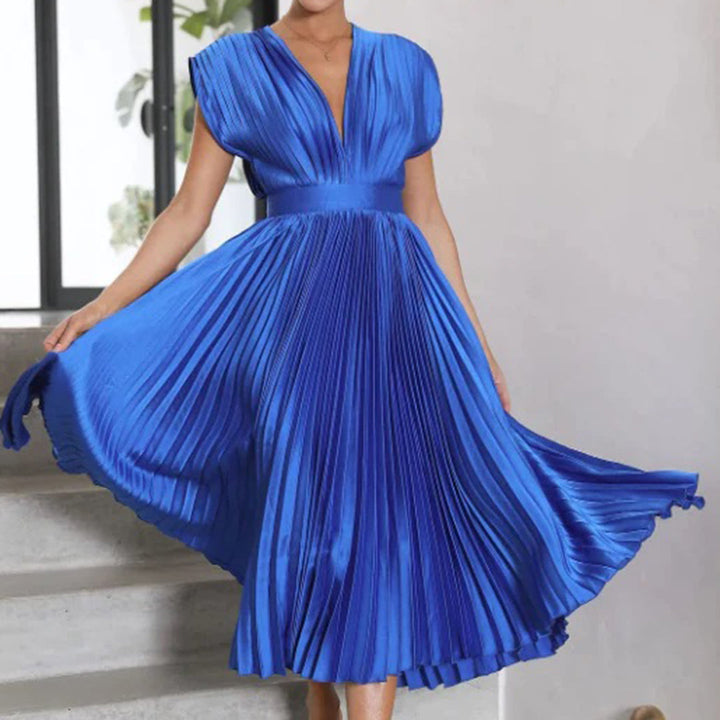 Xava | Abito Plissettato Elegante per le Serate - Scollatura a V, Plissettato, Schiena Scoperta in Champagne, Nero, Oro Rosa e Argento