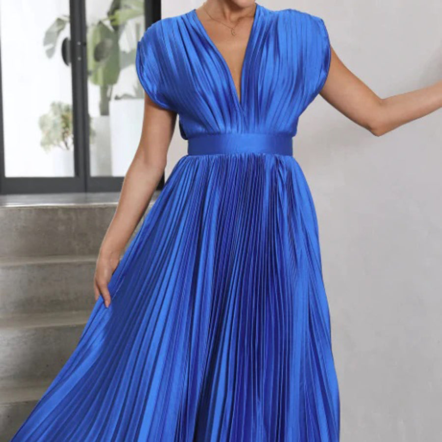 Xava | Abito Plissettato Elegante per le Serate - Scollatura a V, Plissettato, Schiena Scoperta in Champagne, Nero, Oro Rosa e Argento