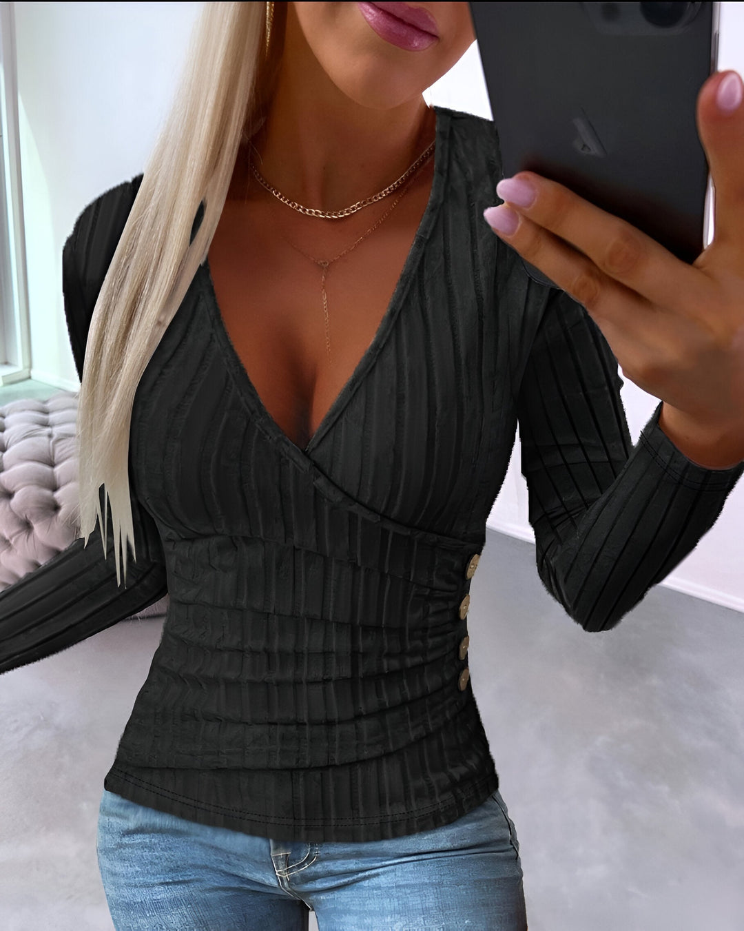 Carlijn - Stijlvolle V-hals Top met Lange Mouwen voor een Verfijnde Look