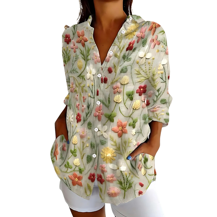 Elegante camicetta da donna in lino con ricami eleganti per un look unico e alla moda