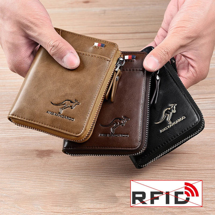 Stylowy męski portfel z ochroną RFID z wysokiej jakości skóry i bezpiecznym zamkiem błyskawicznym