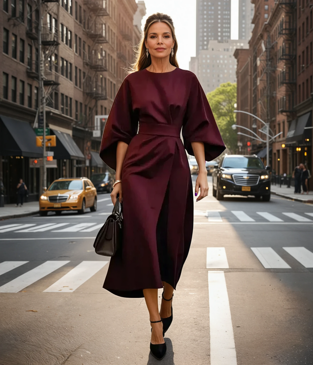 <html>
<body>
<p>Selva | Abito elegante con splendidi maniche a lanterna e una cintura che valorizza la silhouette.</p>
</body>
</html>
