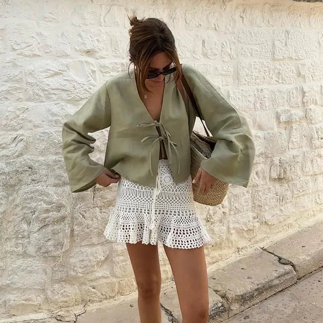 Dahlia - Elegante Blusa in Lino con Raffinati Dettagli a Fiocco