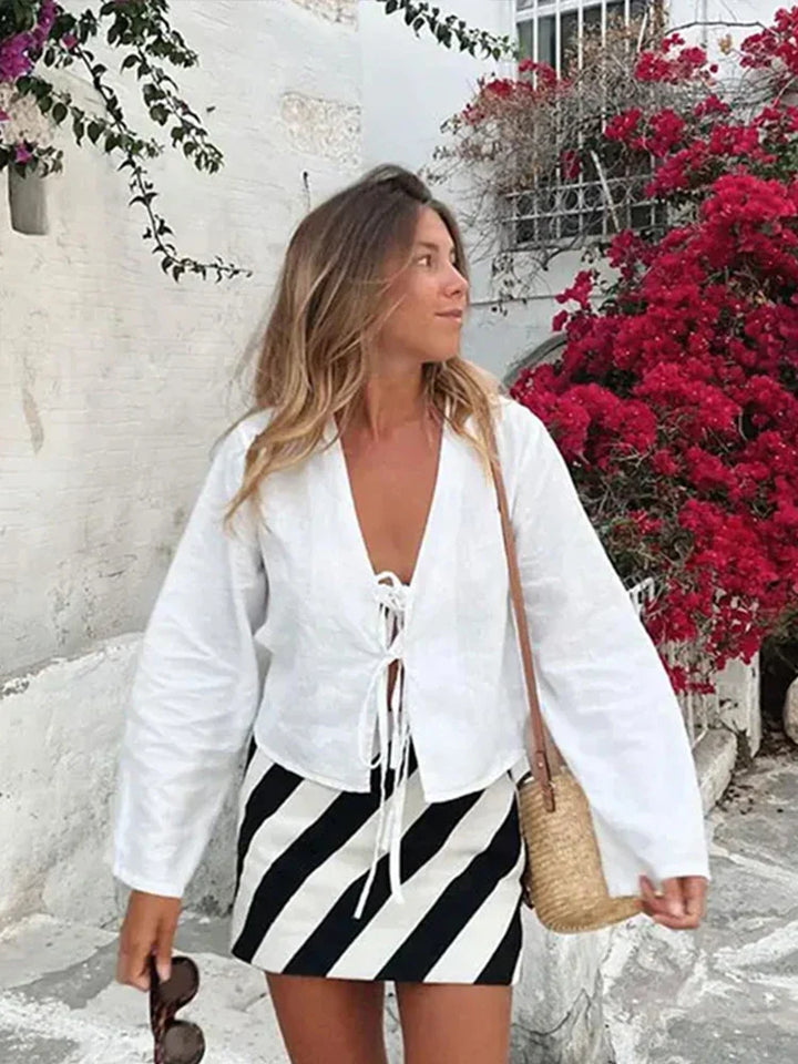 Dahlia - Elegante Blusa in Lino con Raffinati Dettagli a Fiocco