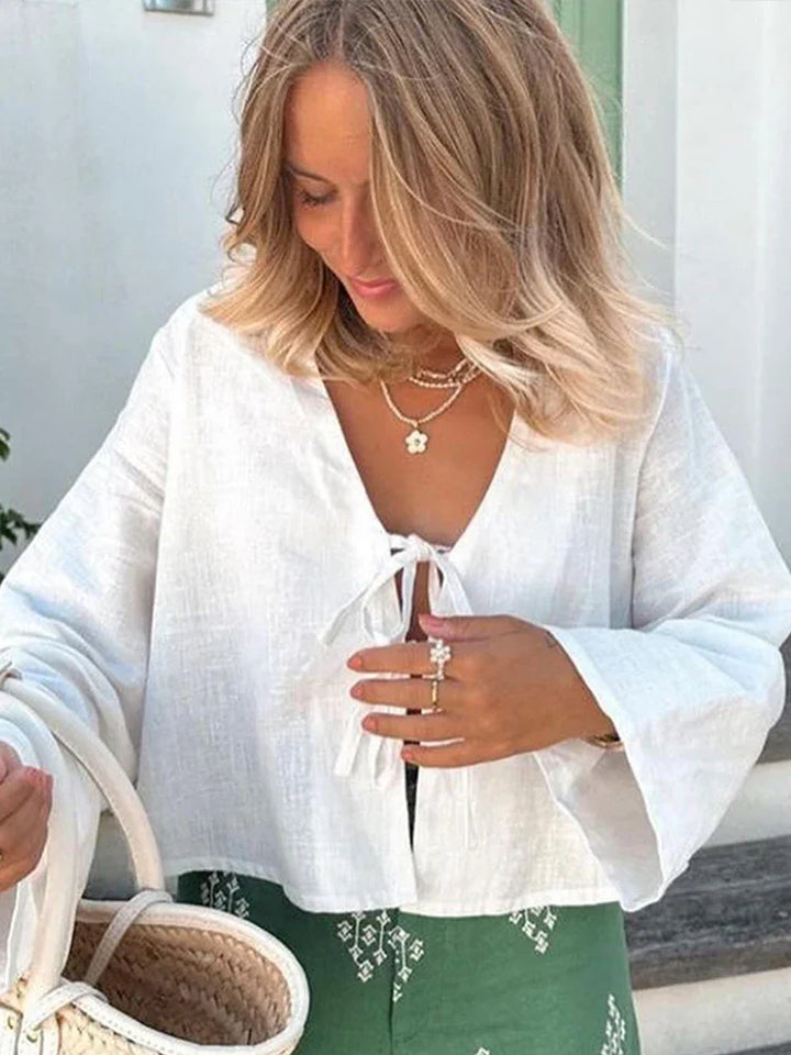Dahlia - Elegante Blusa in Lino con Raffinati Dettagli a Fiocco