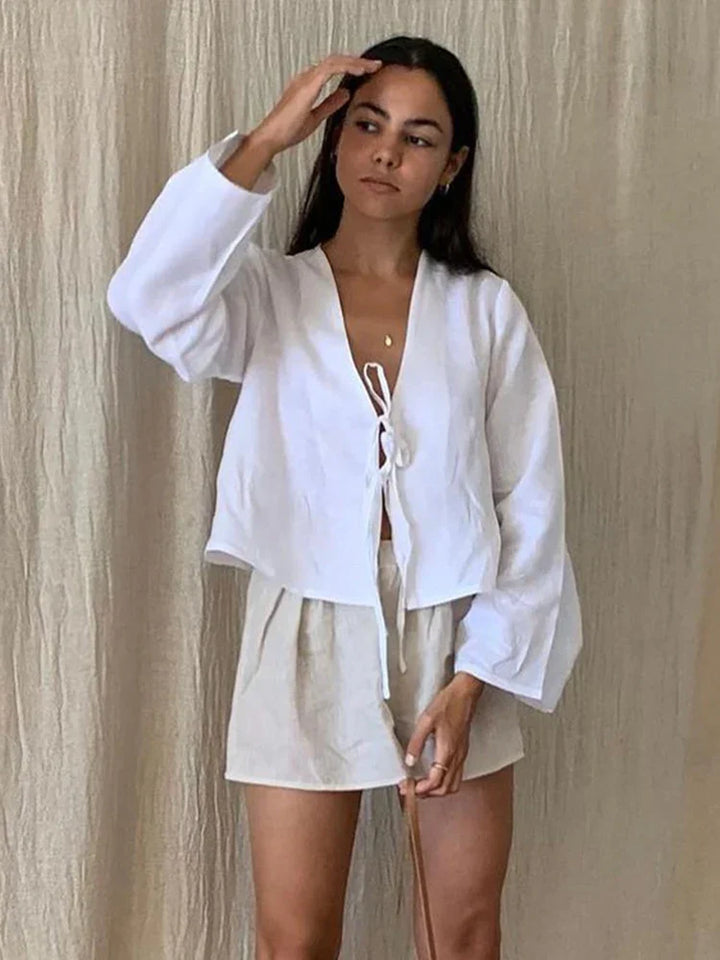 Dahlia - Elegante Blusa in Lino con Raffinati Dettagli a Fiocco