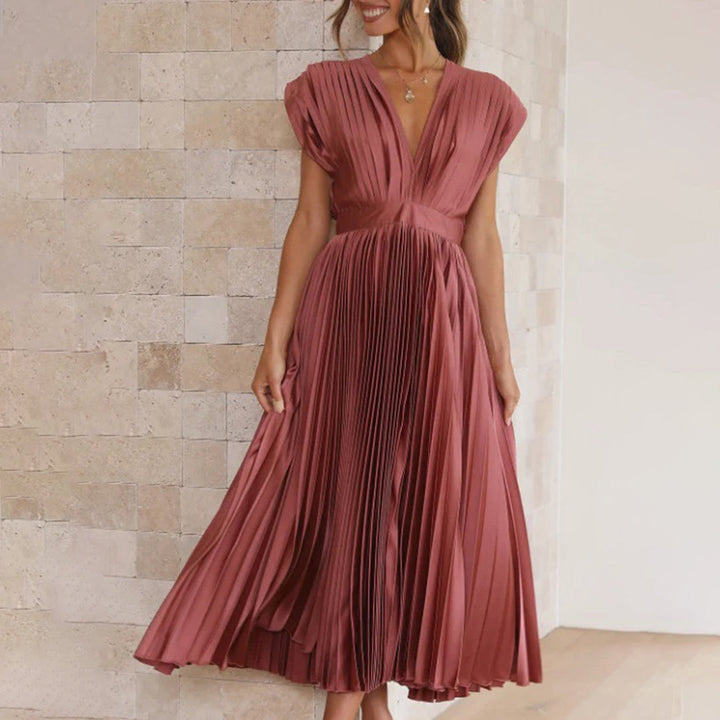 Xava | Abito Plissettato Elegante per le Serate - Scollatura a V, Plissettato, Schiena Scoperta in Champagne, Nero, Oro Rosa e Argento