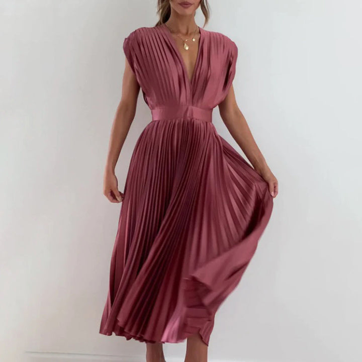 Xava | Abito Plissettato Elegante per le Serate - Scollatura a V, Plissettato, Schiena Scoperta in Champagne, Nero, Oro Rosa e Argento
