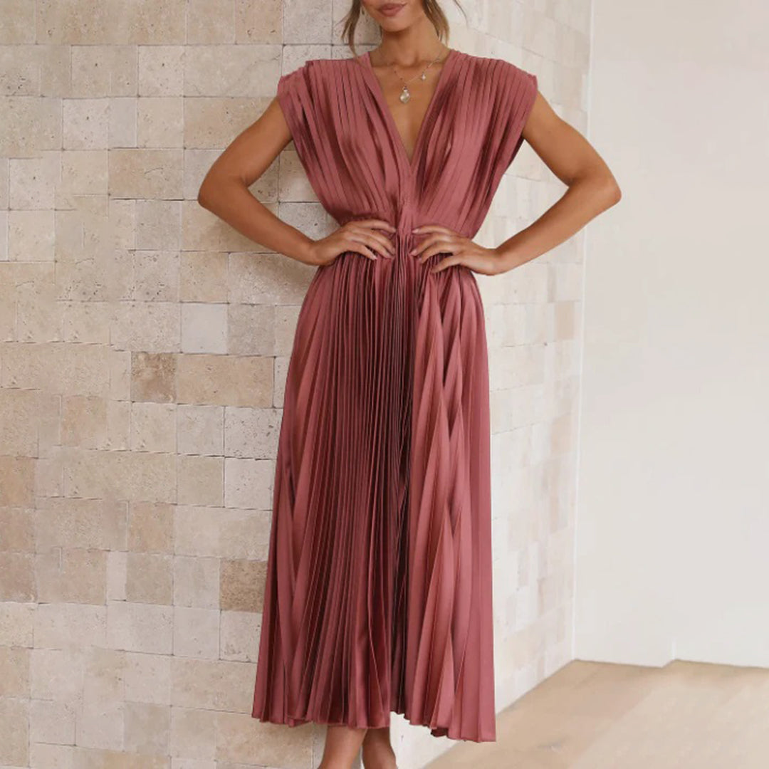 Xava | Abito Plissettato Elegante per le Serate - Scollatura a V, Plissettato, Schiena Scoperta in Champagne, Nero, Oro Rosa e Argento