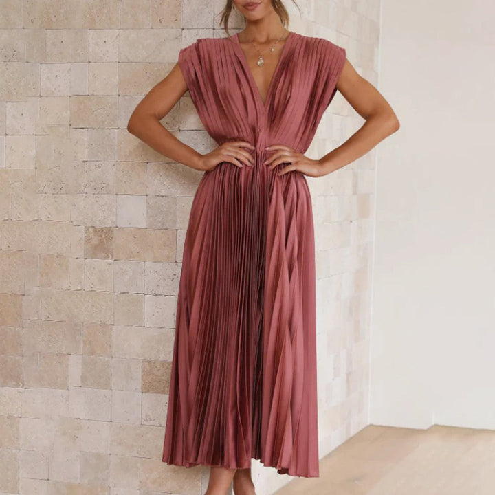 Xava | Abito Plissettato Elegante per le Serate - Scollatura a V, Plissettato, Schiena Scoperta in Champagne, Nero, Oro Rosa e Argento