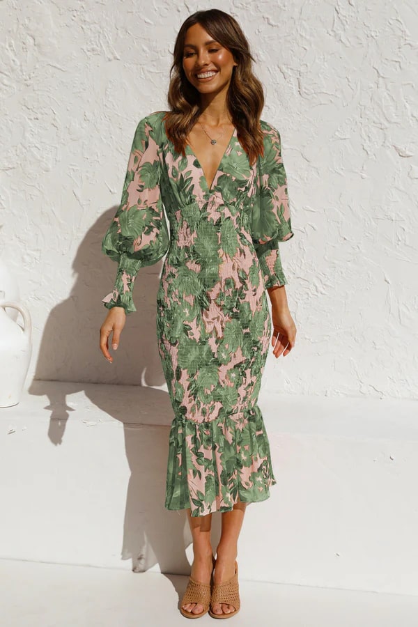Ysa | Incantevole abito midi con splendida stampa floreale e eleganti maniche a sbuffo